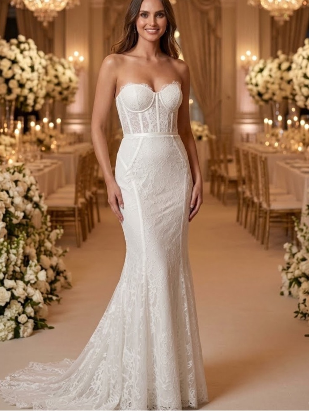 New Lulus Strapless Imani  White  Lace Mermaid Dress Sz Medium (A bit Ivory)